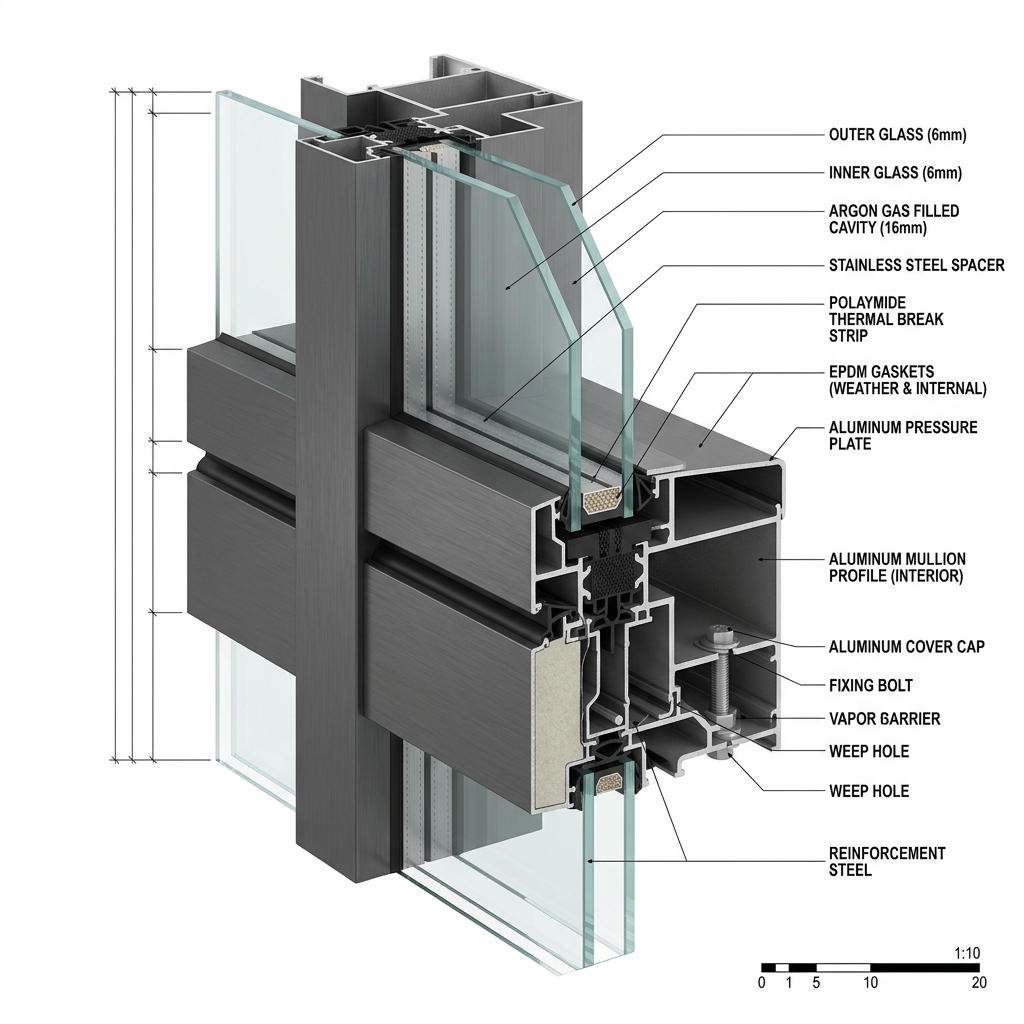 Curtain Wall Profile Cross-Section with Thermal Break